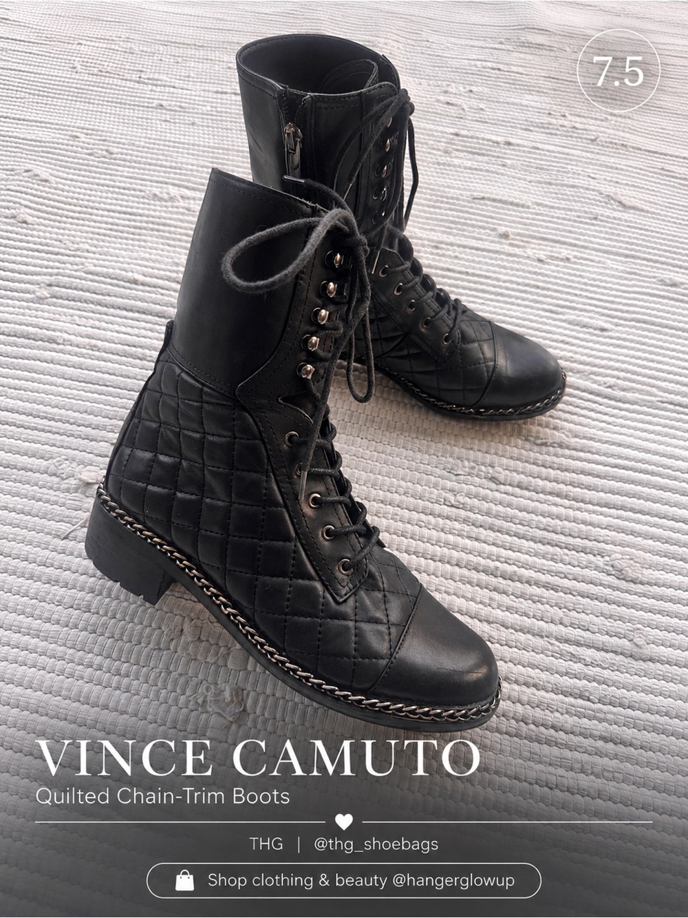 Vince Camuto Black Leather Quilted Combat Boots Chain Trim Lug Sole Size 7.5